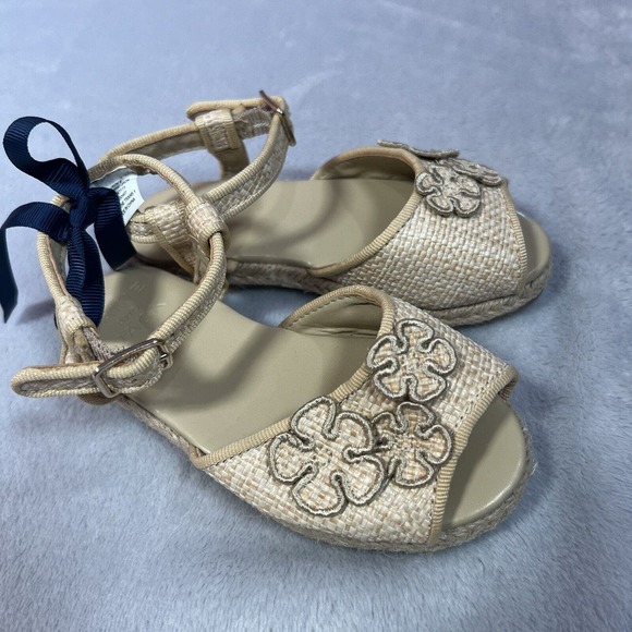 Janie and Jack Sandals Girls 8 Toddler Tan Flower Espadrille Straw Shoes Summer - Picture 2 of 8